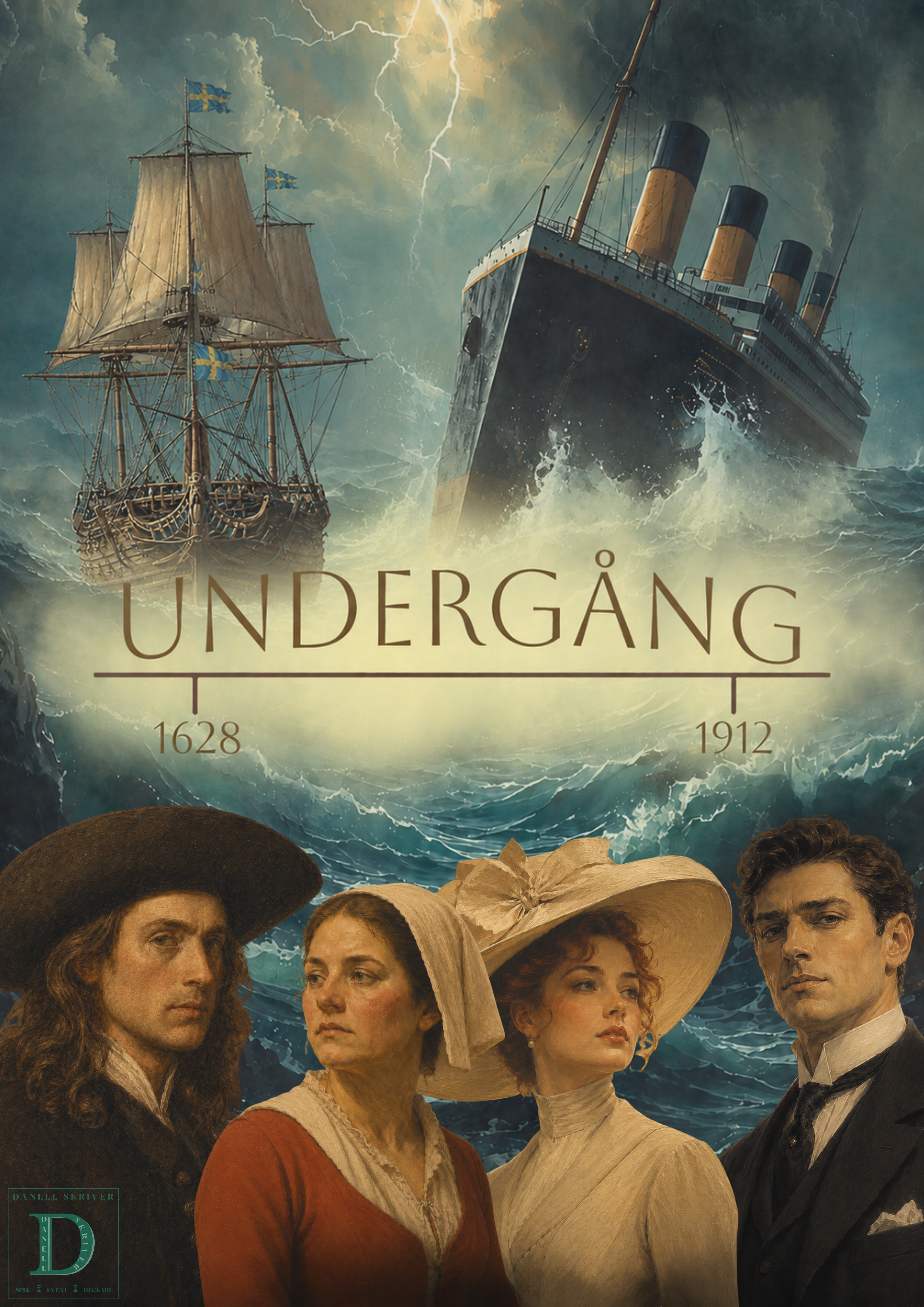 Illustration som liknar en målad filmaffisch med skeppet Vasa till havs, bredvid skeppet Titanic. Två par syns framför skeppen, det ena i 1600-talskläderm det andra paret har kläder från tidigt 1900-tal.