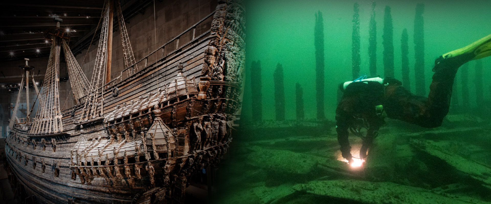 Collage av två bilder, till vänster skeppet Vasa, till höger en undervattensbild av en dykare ovanför skeppsvrak. 