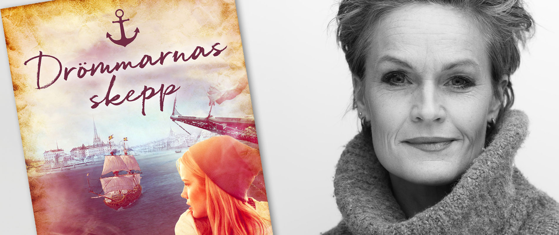 Collage av bokomslaget till Drömmarnas skepp och bild på författaren Johanna Wilson