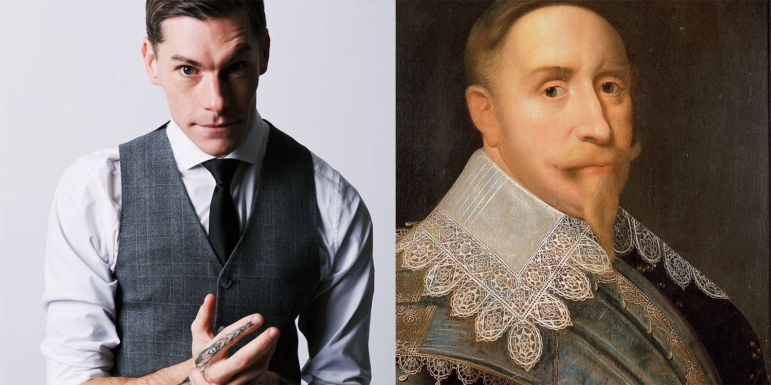 Kollage av två bilder: fotografi på en ung, mörkhårig man och en oljemålning av Gustav II Adolf med spetskrage.