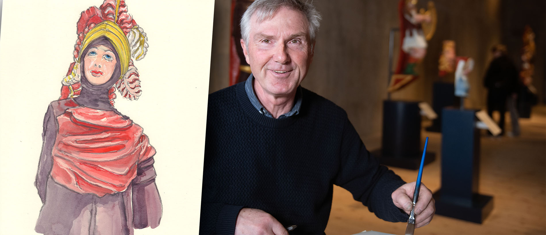 Kollage av akvarellmålning av en av Vasas skulpturer samt fot av konstnären, en gråhårig man i svart tröja. 