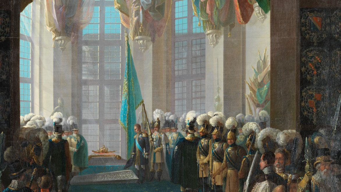 Målning av Gustav II Adolfs begravning, kistan står öppen framför stora fönster och Kung Karl XIV står  till höger om kistan, fanor vajar i taket 