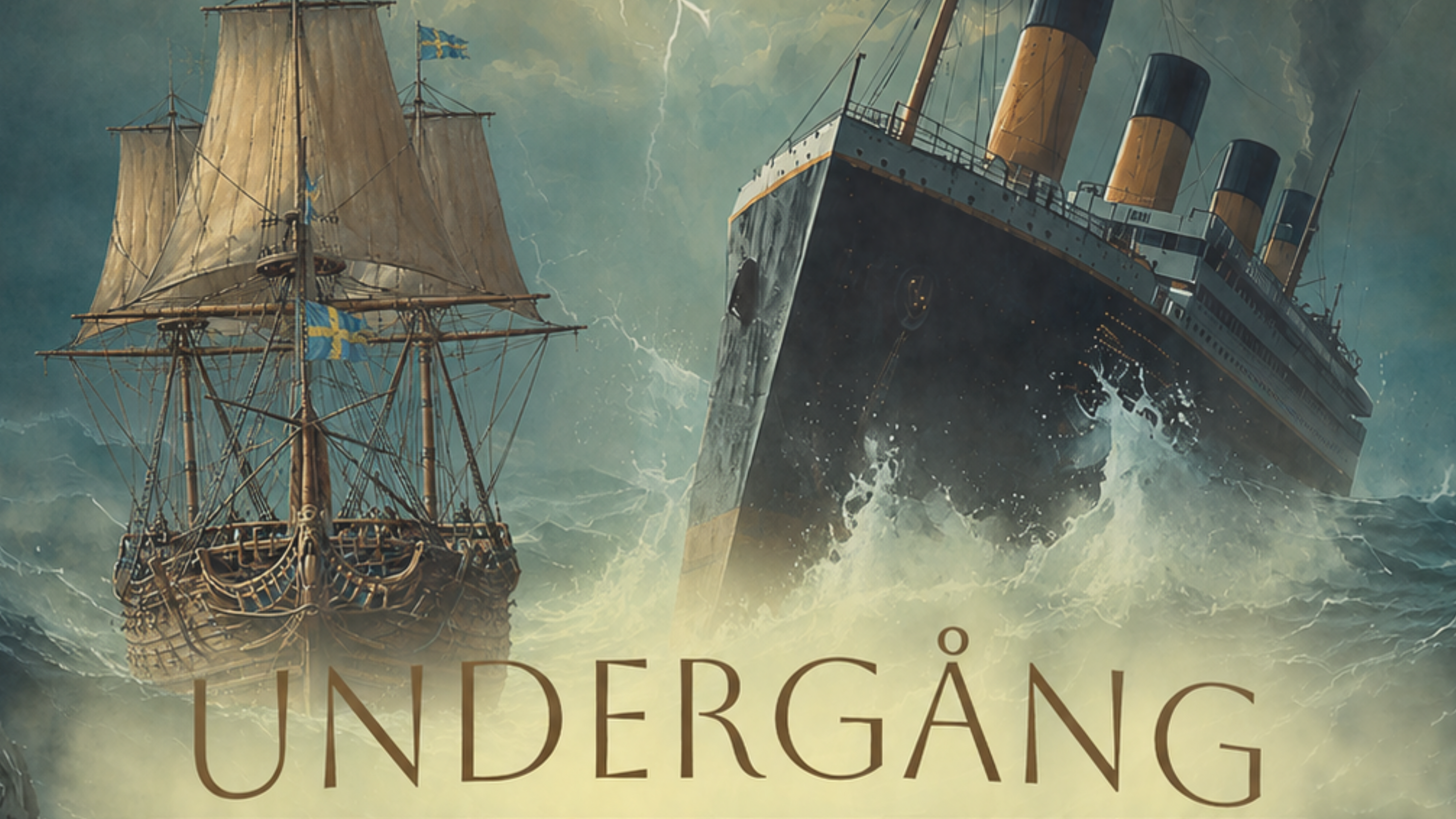 Illustration av skeppet Vasa i hög sjö som möter skeppet Titanic i samma oroliga vatten.