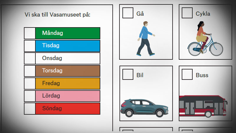 Tecknade bilder som visar ett färgglatt schema över veckodagar samt olika transportmedel. 