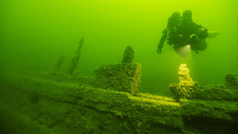 Gröntonad undervattensbild som visar en dykare ovanför ett upprättstående vrak övervuxet med alger.