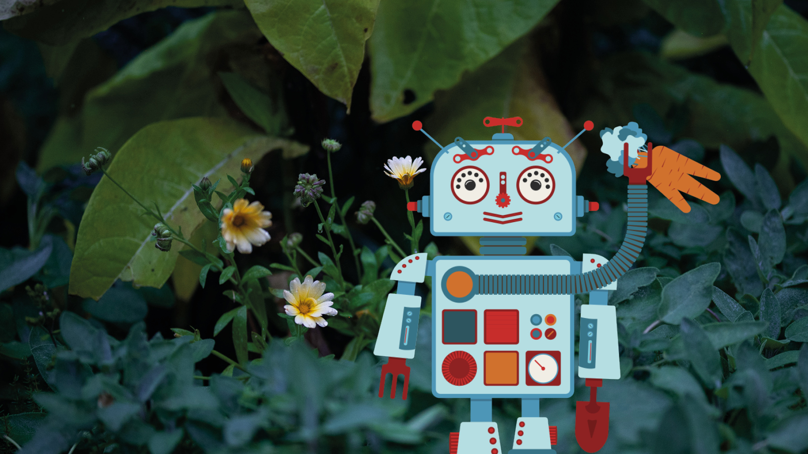 Foto av smu8ltronplanta med inklippt illustration av robot.