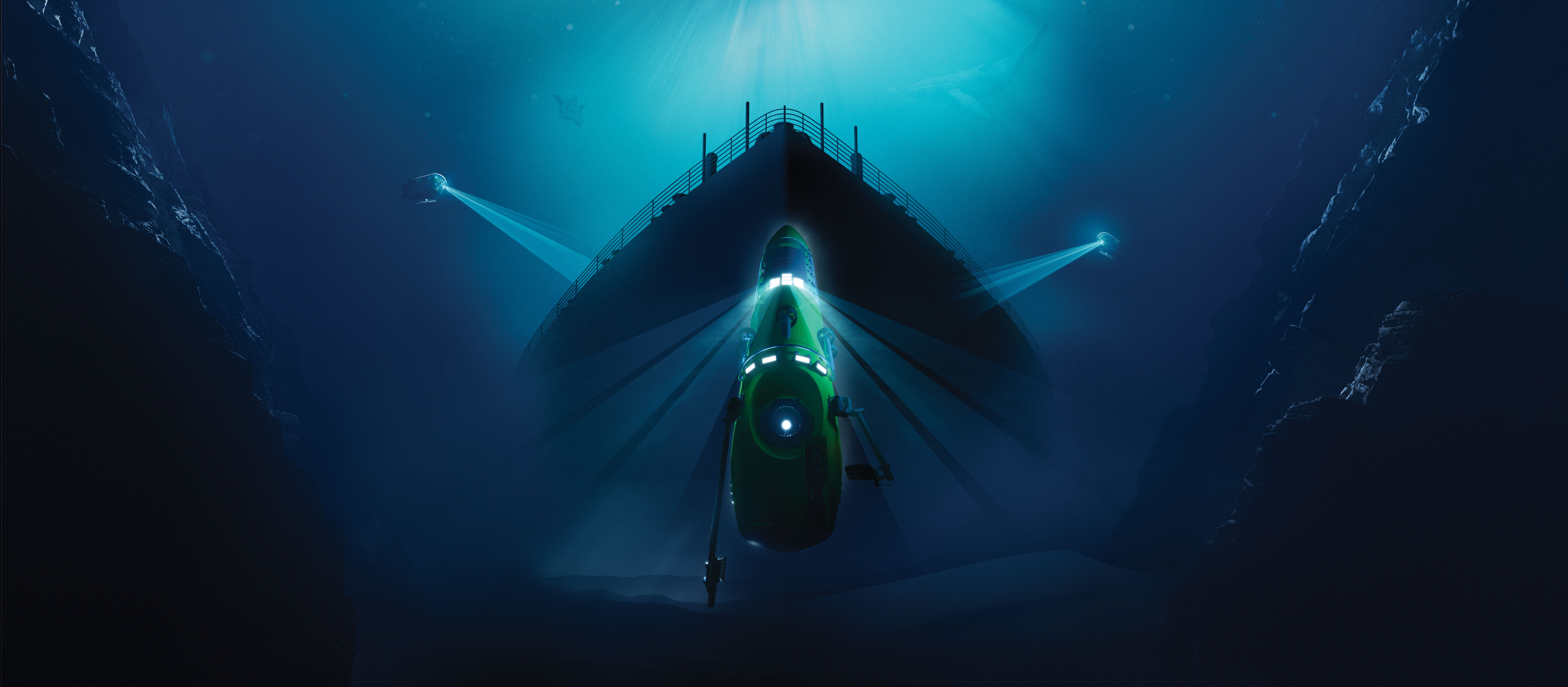 Bild av skeppet Titanics för som tornar upp sig i undervattenslandskap, framför Titianic syns en grön undervattensfarkost. 